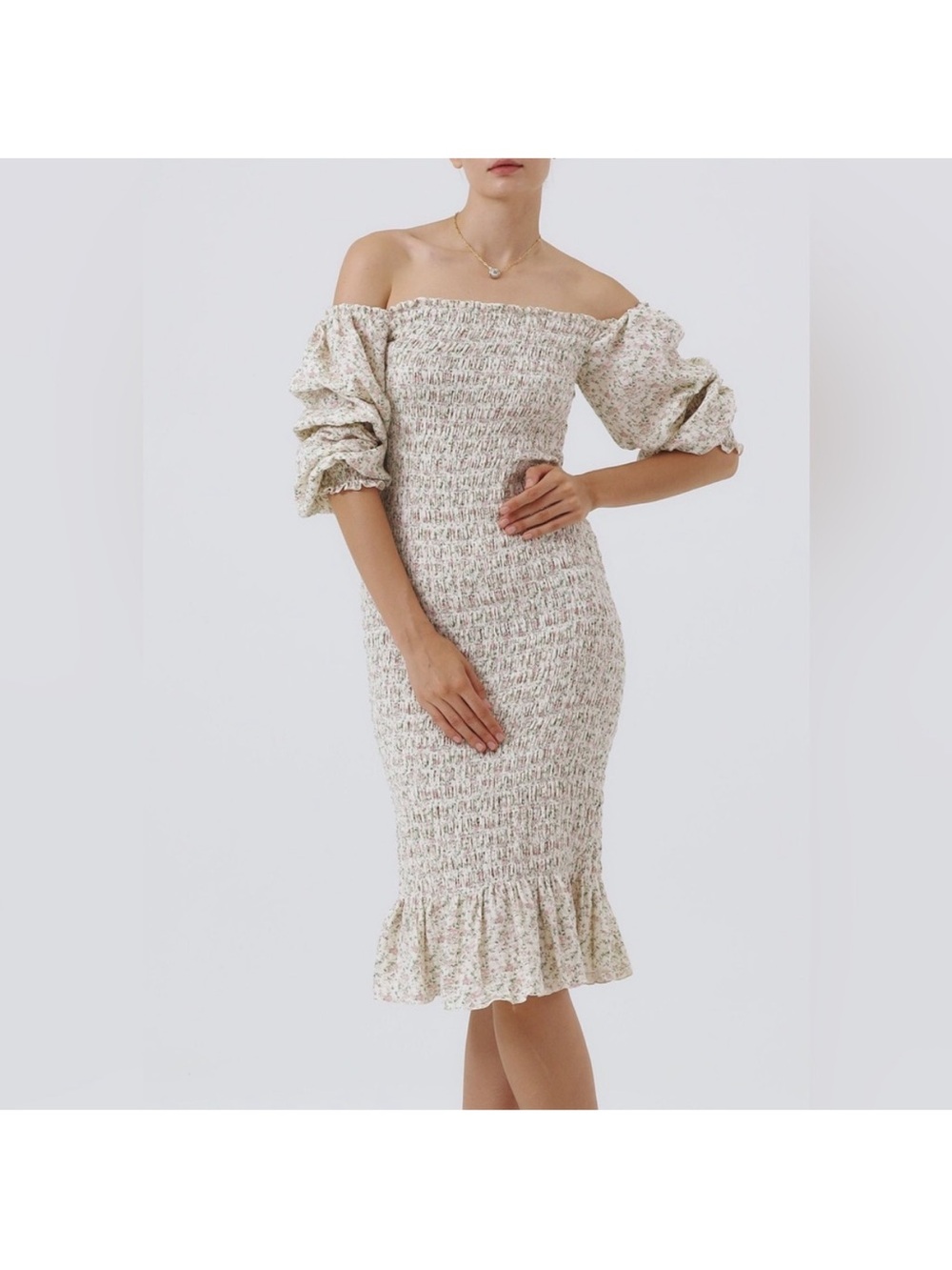 Nothing Fits But Plaid Smocked Off-Shoulder Midi Dress Puff Sleeve S/M Maternity - Picture 5 of 7